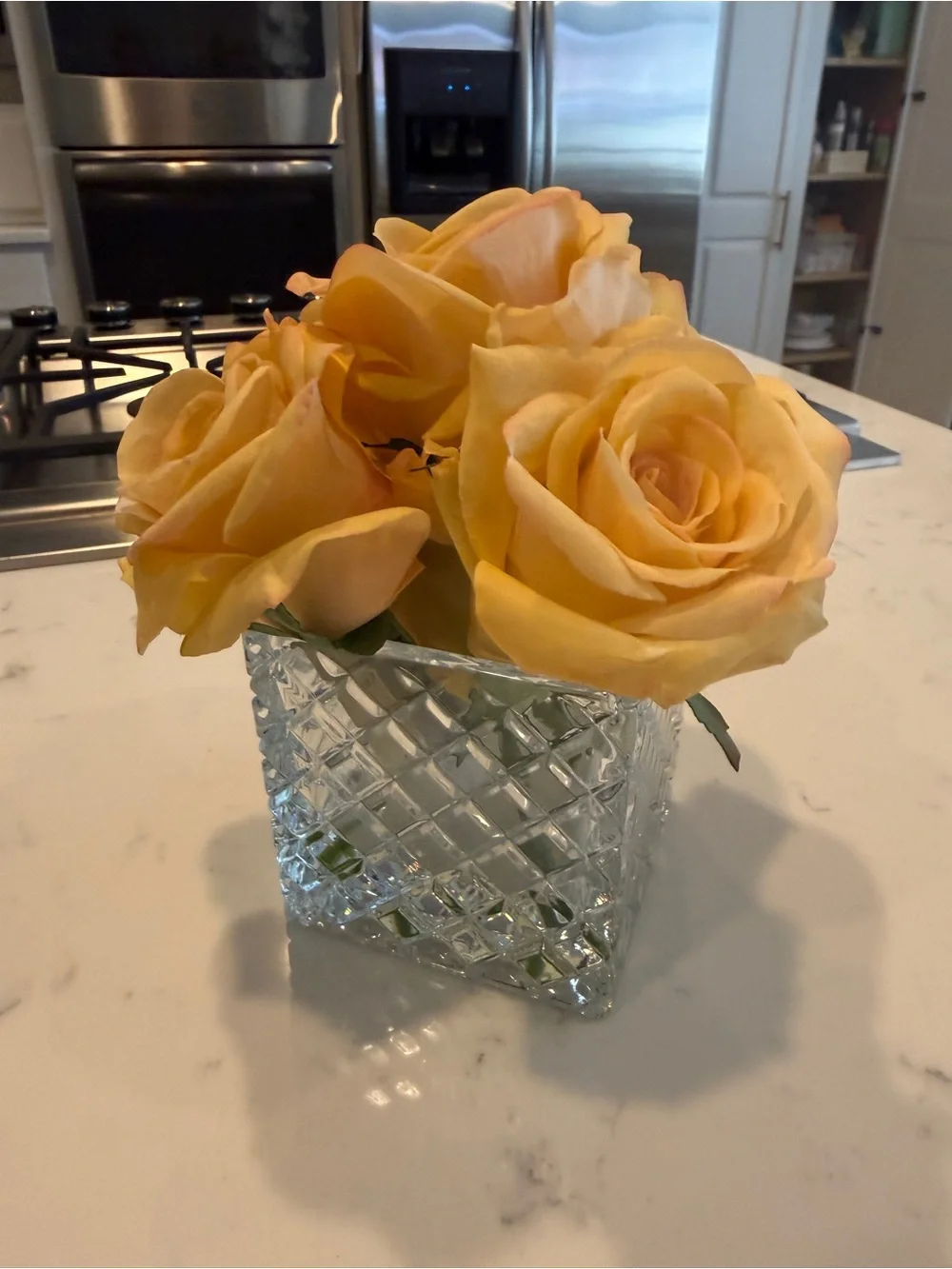 Ella Lux Real Touch Yellow Rose Floral Arrangement Glass Cube Vase Faux Flowers